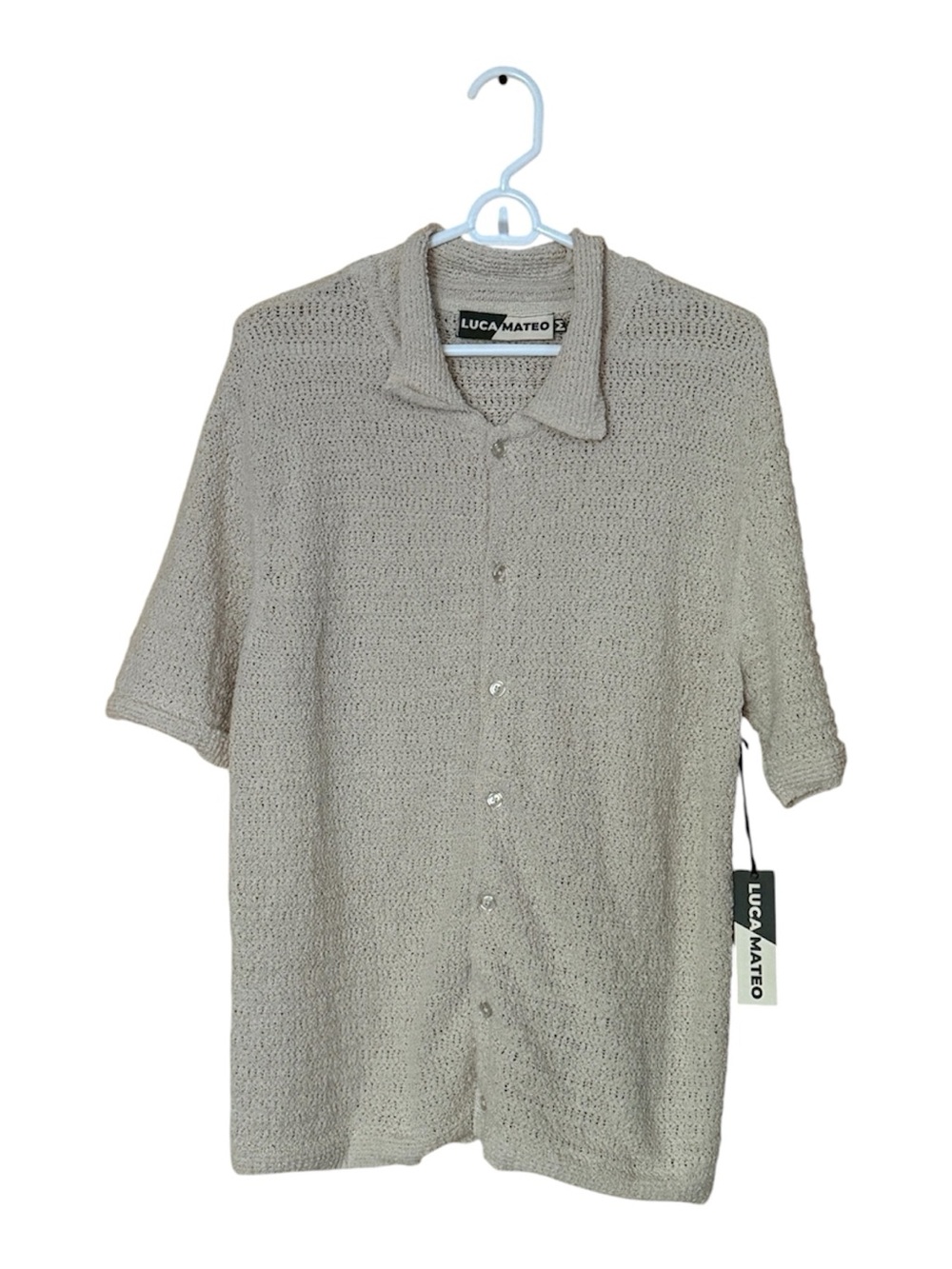 NWT LUCA MATEO men M Beige Knit Short-Sleeve Button-Up Shirt vintage resort wear